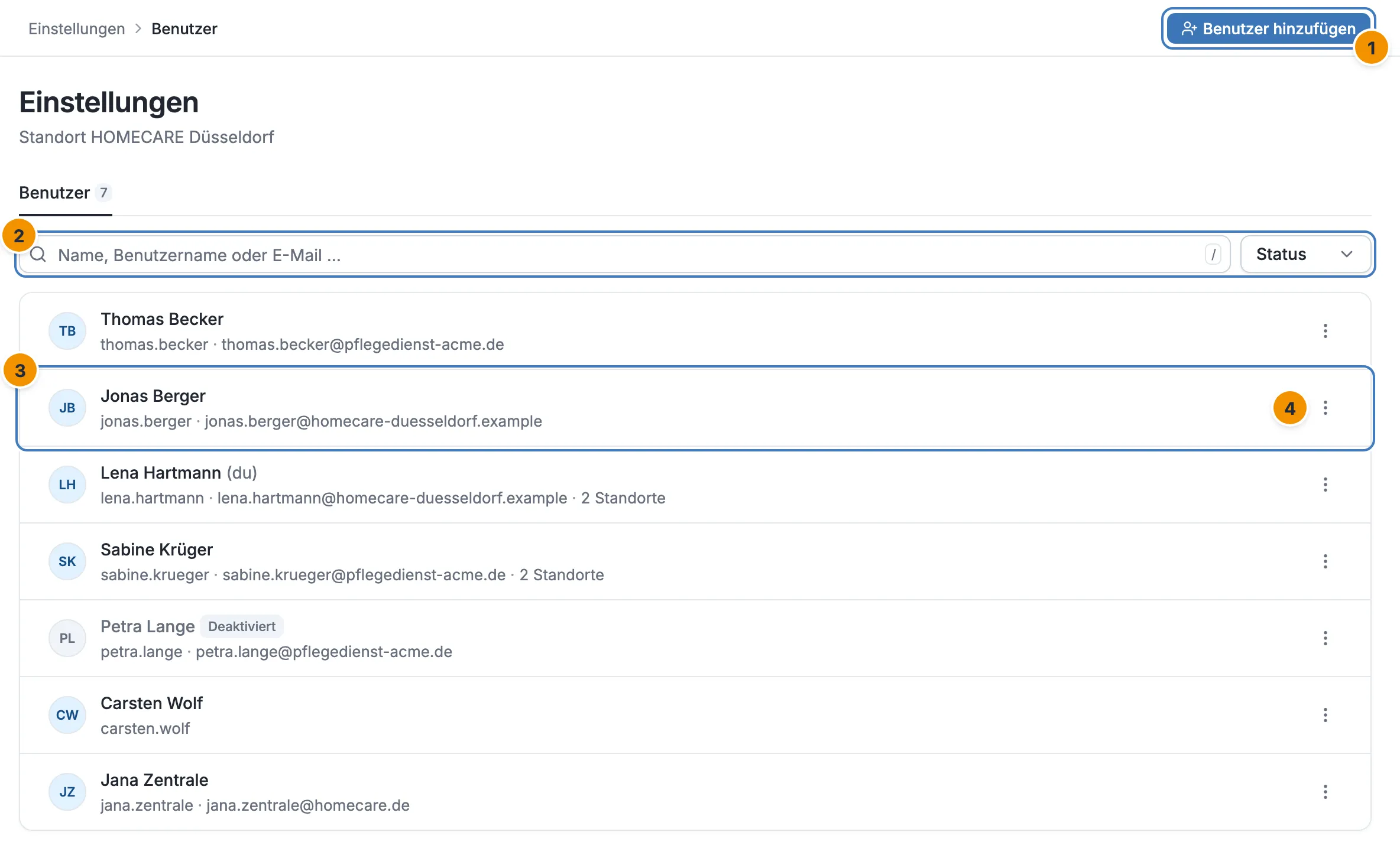 Einstellungen, Benutzer: die Liste der Benutzer mit Suchfeld, Statusfilter und Button Benutzer hinzufügen