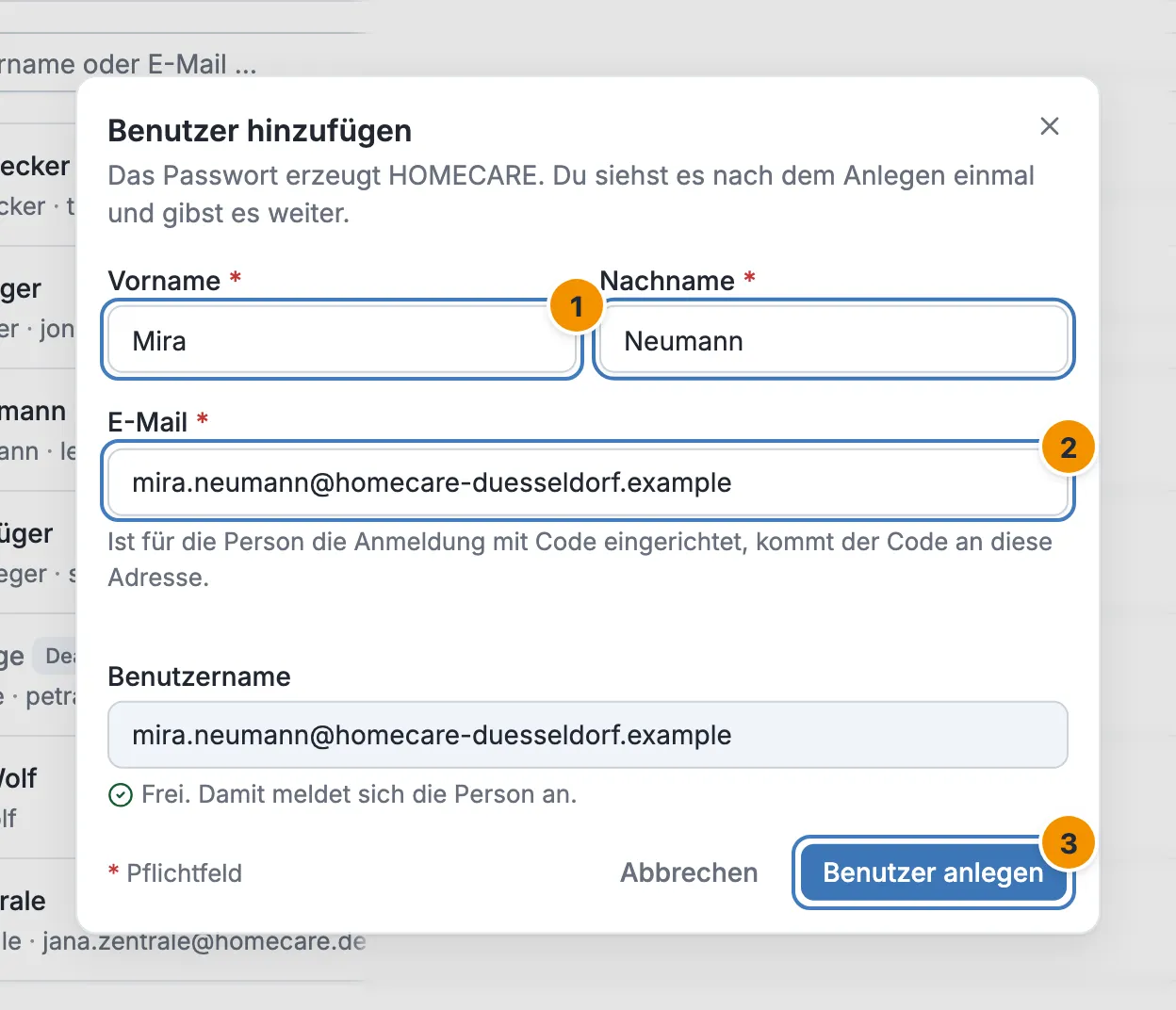 Der Dialog Benutzer hinzufügen mit Vorname, Nachname, E-Mail und dem daraus gebildeten Benutzernamen
