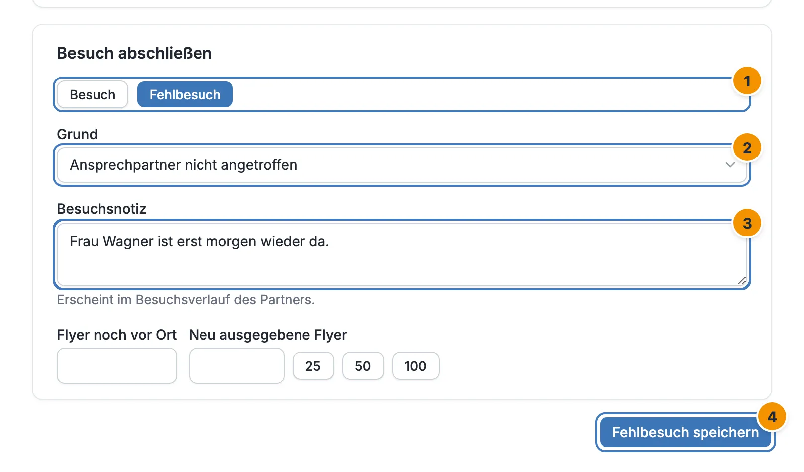 Das Formular im Modus Fehlbesuch: der Grund Ansprechpartner nicht angetroffen, die Besuchsnotiz und der Button Fehlbesuch speichern