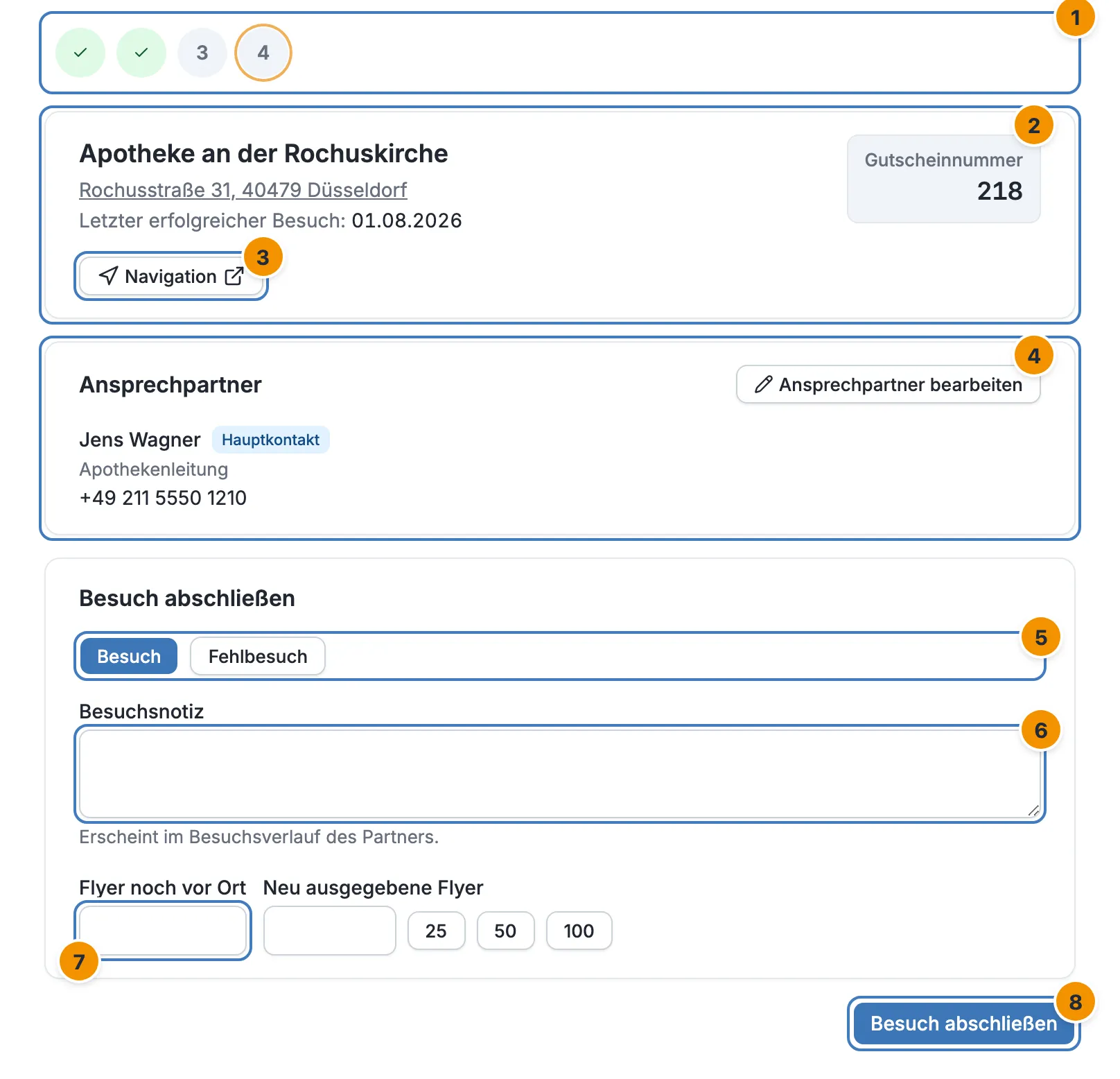 Ein Stopp einer laufenden Tour: oben die Stopps als Kreise, darunter die Angaben des Partners mit Adresse, Gutscheinnummer und Navigation, die Ansprechpartner und das Formular Besuch abschließen