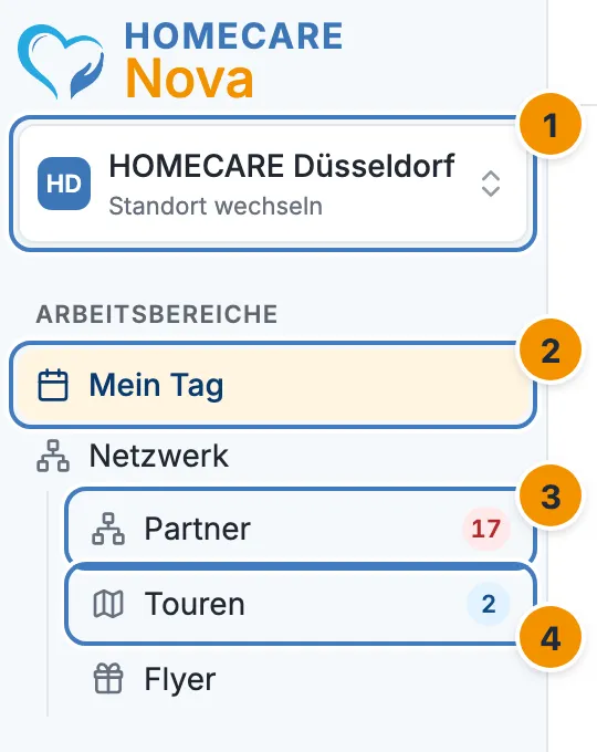 Die Seitenleiste mit dem Standort HOMECARE Düsseldorf, den Einträgen Mein Tag, Partner, Touren und Flyer sowie den Zahlen 17 und 2