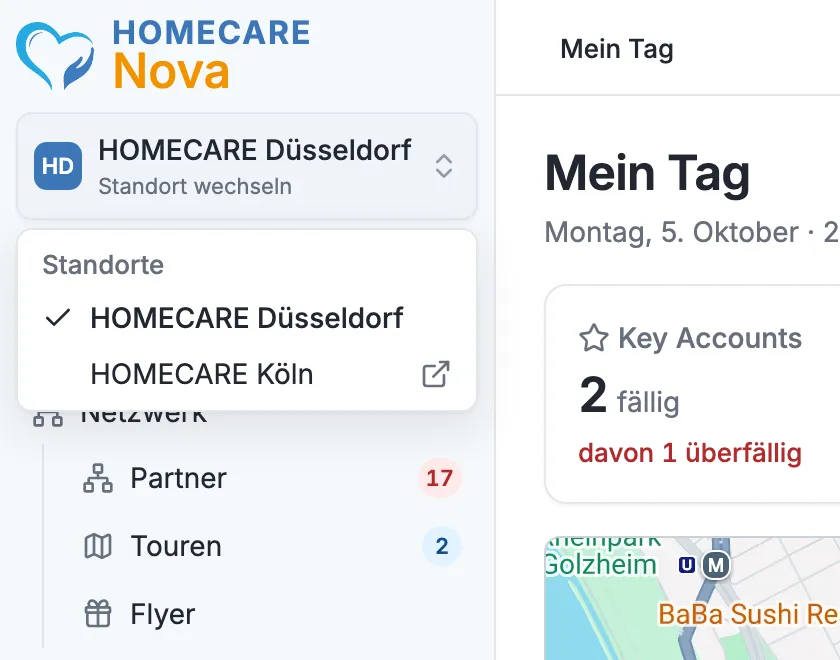 Das geöffnete Standort-Menü mit HOMECARE Düsseldorf (abgehakt) und HOMECARE Köln