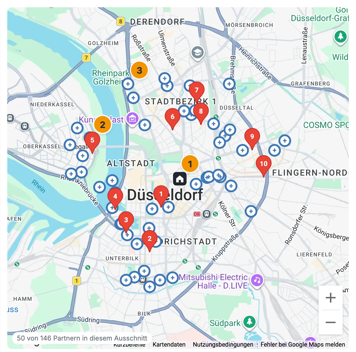 Die Karte mit dem Startpunkt, nummerierten Stopps und Kandidaten als +-Punkte; unten links der Hinweis, wie viele Partner im Ausschnitt gezeigt werden