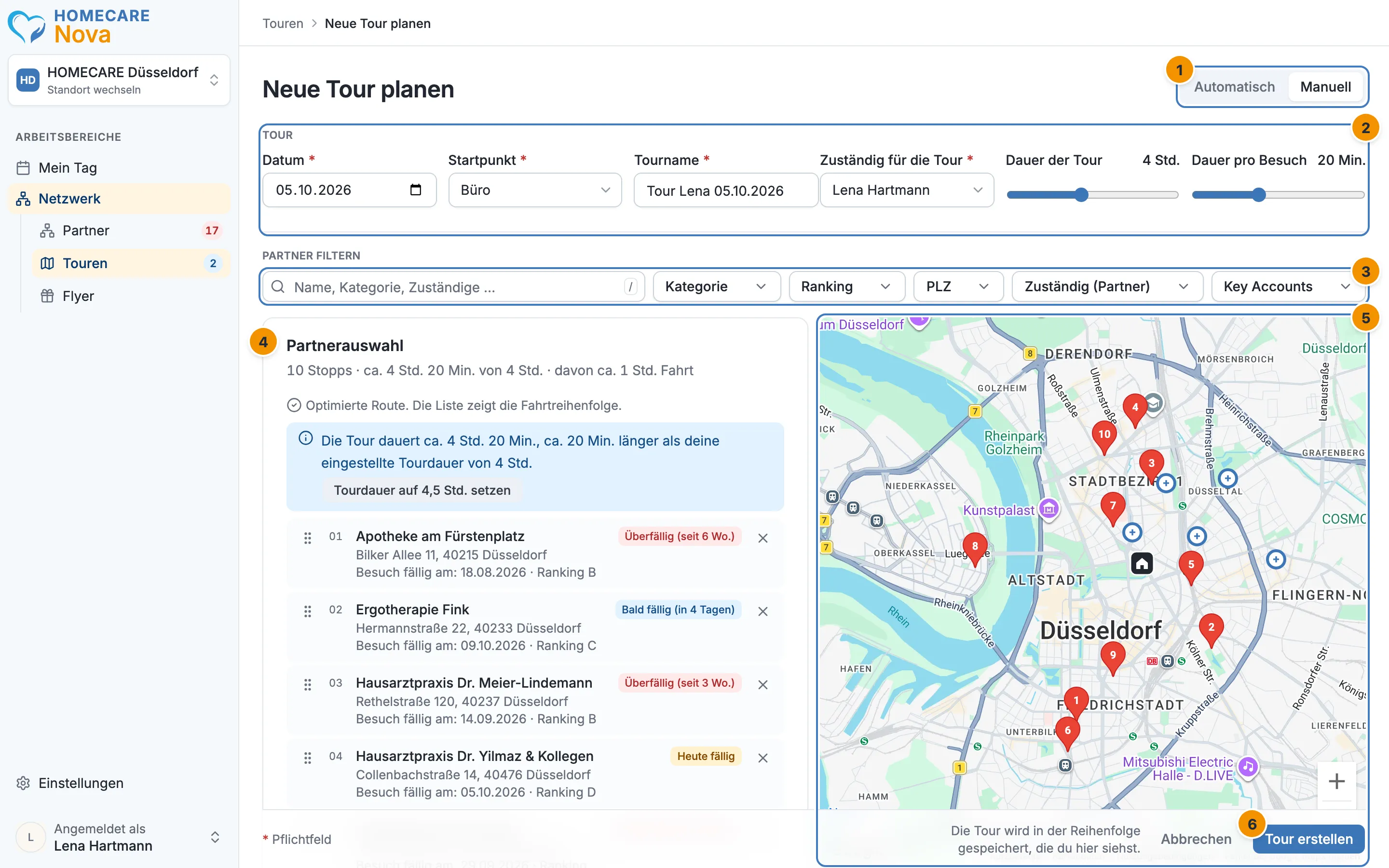 Der Planer im Modus Manuell: Einstellungen, Filterleiste, Partnerauswahl mit der Tour, Karte und der Button Tour erstellen