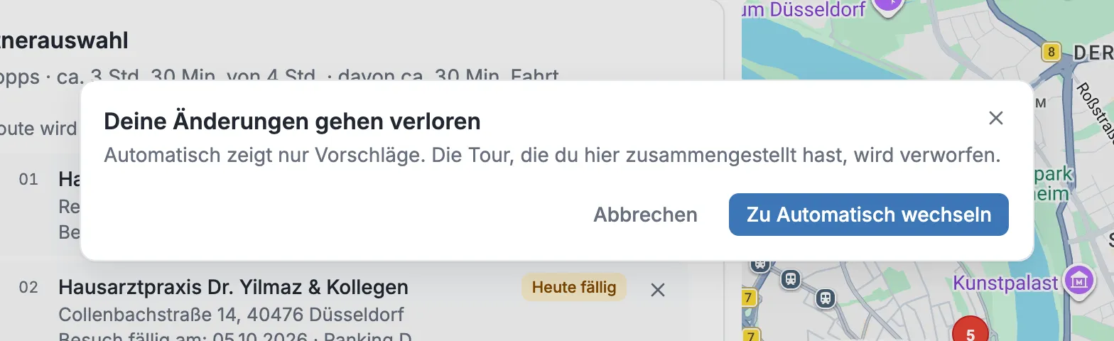 Der Dialog „Deine Änderungen gehen verloren“ mit den Buttons Abbrechen und Zu Automatisch wechseln