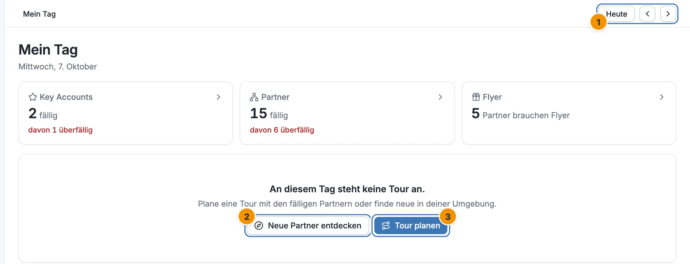 Mein Tag an einem Tag ohne Tour, mit den Buttons Neue Partner entdecken und Tour planen