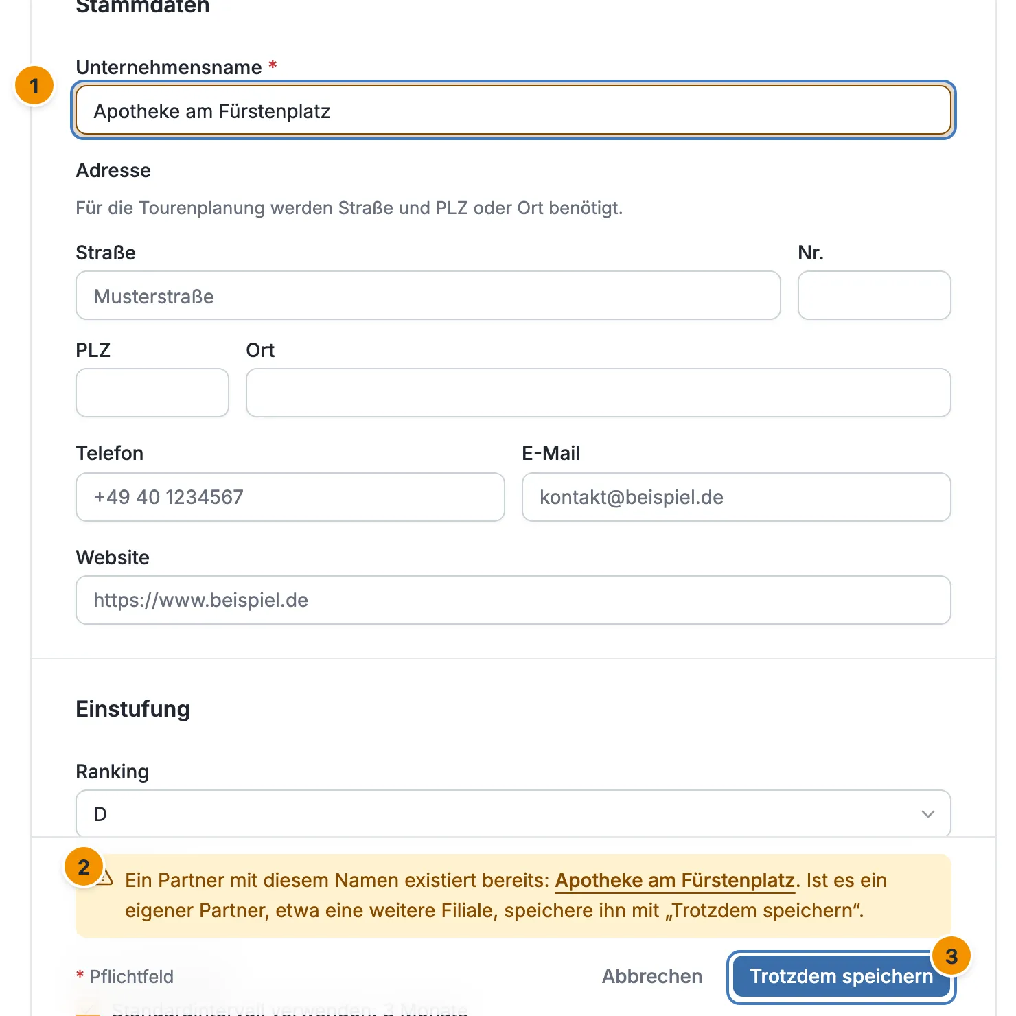 Das Formular nach dem Klick auf Partner speichern: eine gelbe Warnung, dass es den Namen schon gibt, und der Button Trotzdem speichern