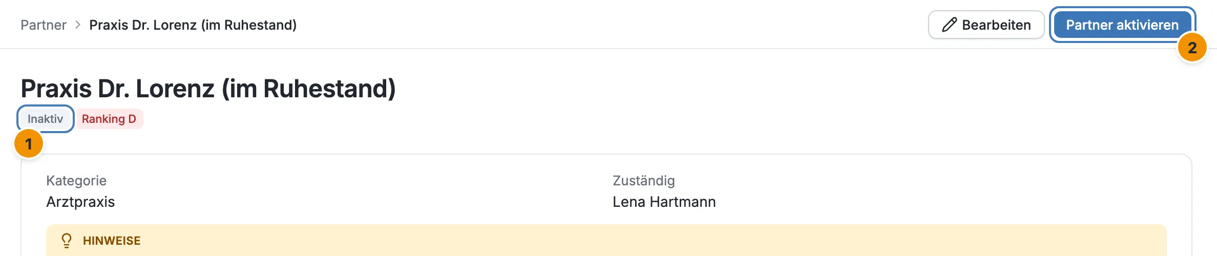 Die Kopfzeile eines inaktiven Partners: Markierung Inaktiv, Ranking D und oben rechts der Button Partner aktivieren
