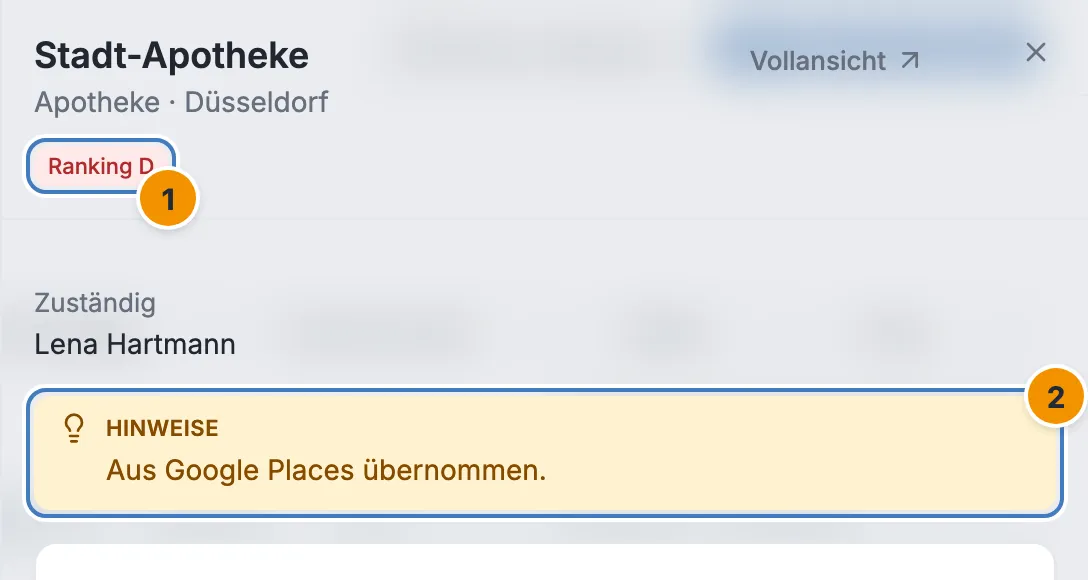Die Vorschau des übernommenen Partners Stadt-Apotheke mit Ranking D und dem Hinweis Aus Google Places übernommen