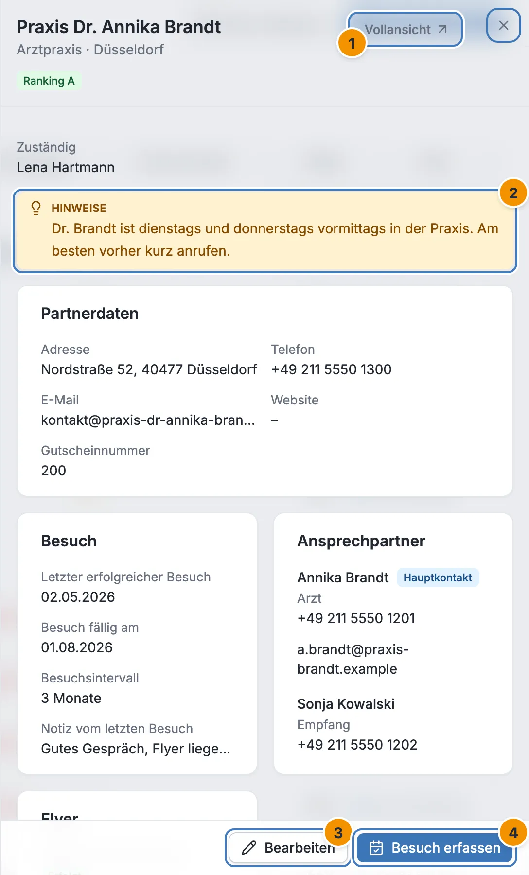 Die Vorschau von Praxis Dr. Annika Brandt mit Name, Ranking, Hinweisen, Partnerdaten, Besuch und Ansprechpartnern; unten die Buttons Bearbeiten und Besuch erfassen
