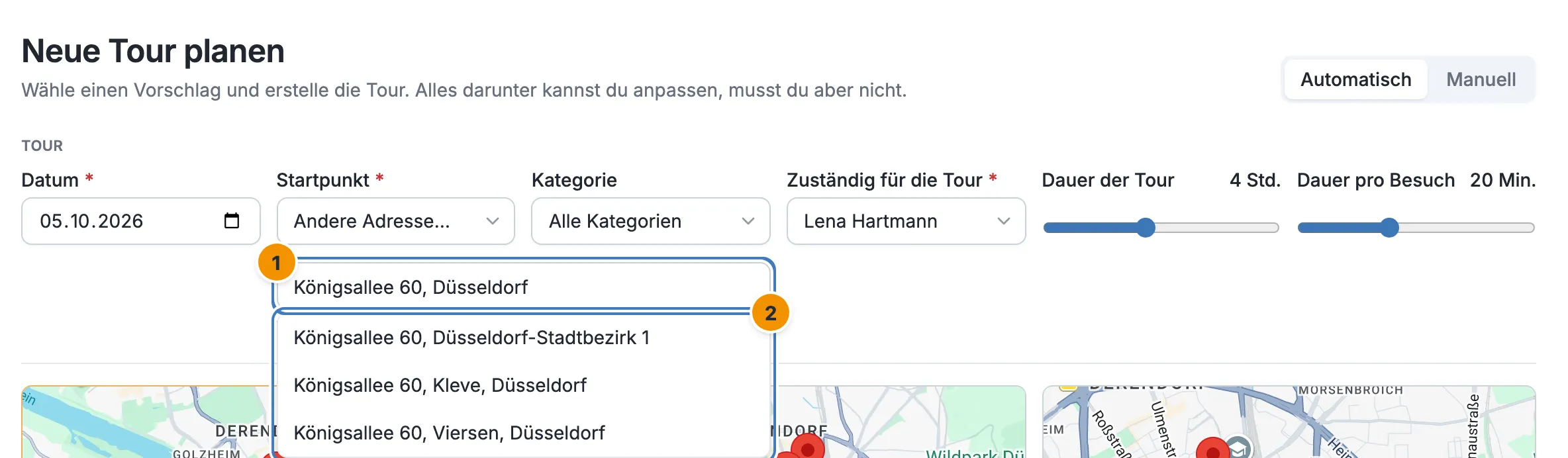 Das Feld Andere Adresse mit der eingetippten Adresse und der Liste der Vorschläge darunter