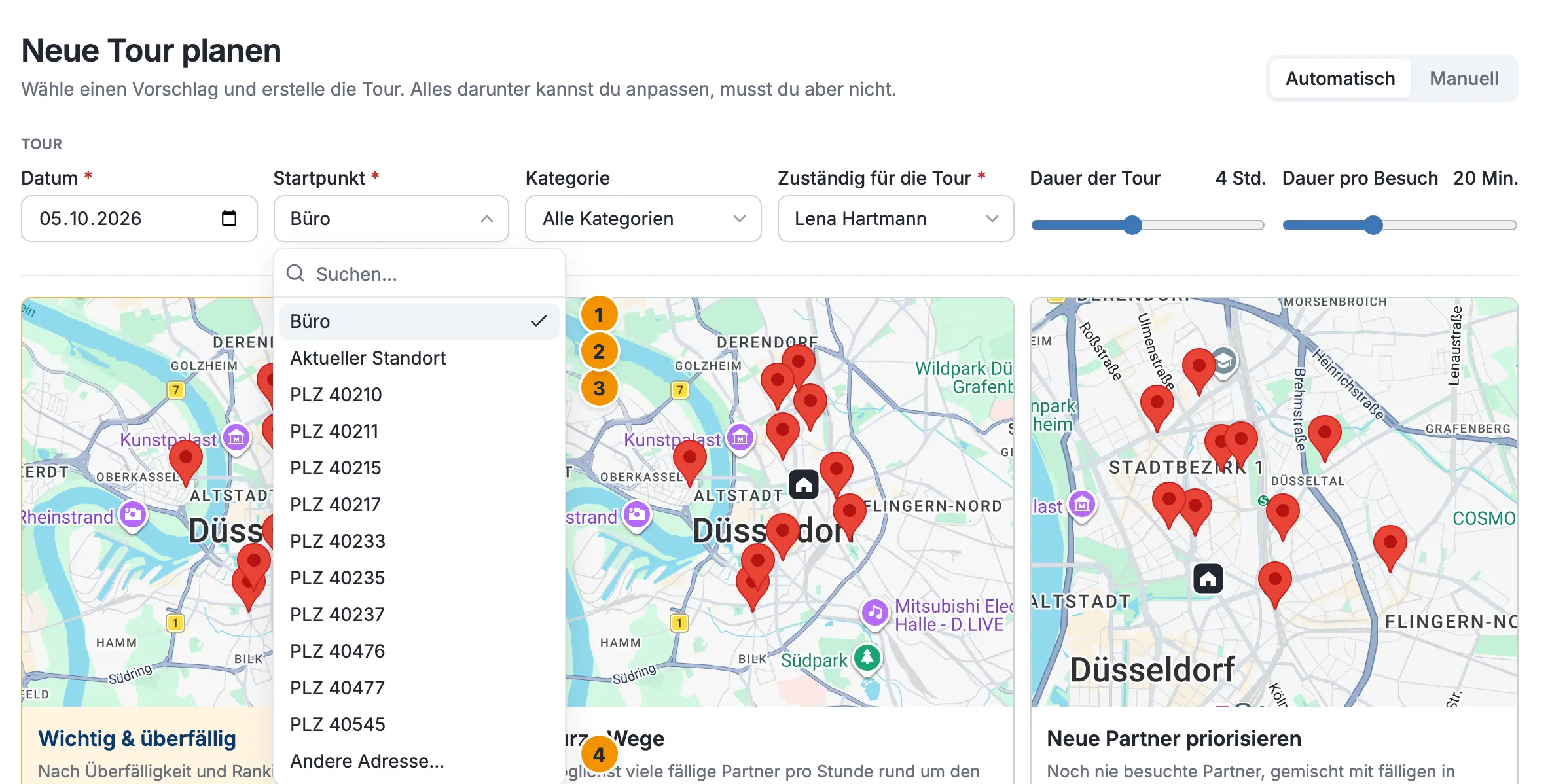 Das geöffnete Auswahlfeld Startpunkt mit Büro, Aktueller Standort, mehreren Postleitzahlen und Andere Adresse