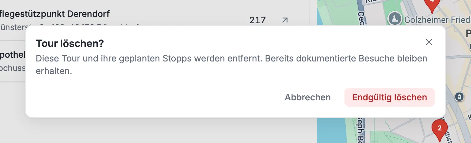 Der Dialog Tour löschen mit den Buttons Abbrechen und Endgültig löschen