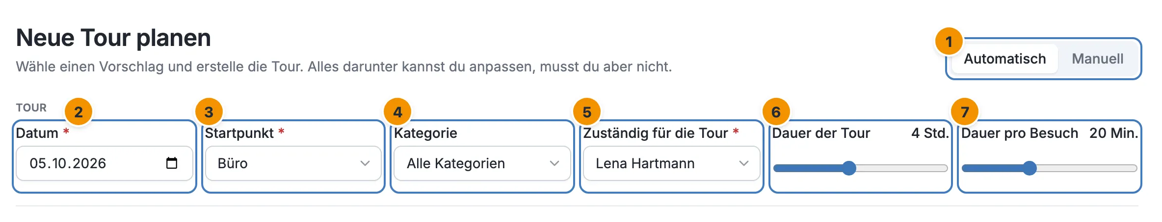 Der Kopf der Seite Neue Tour planen mit dem Umschalter Automatisch / Manuell und den sechs Einstellungen der Tour